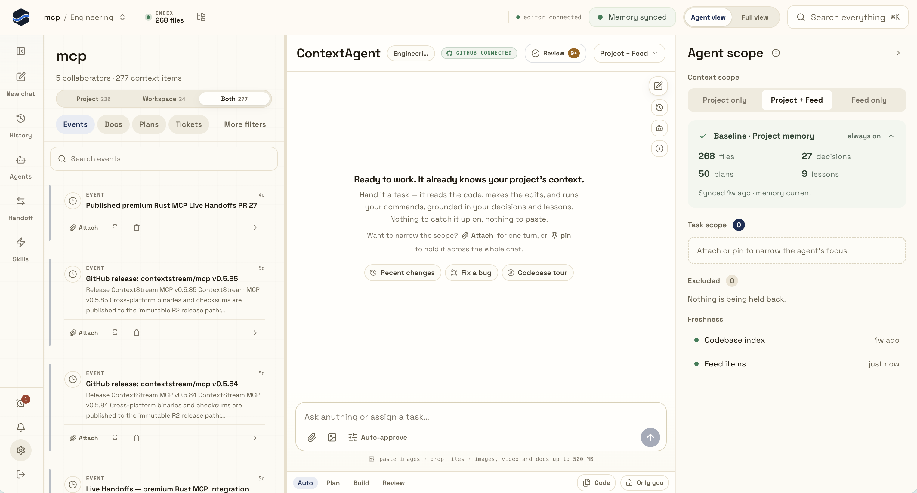 ContextStream Agent view showing the project memory and exact agent scope