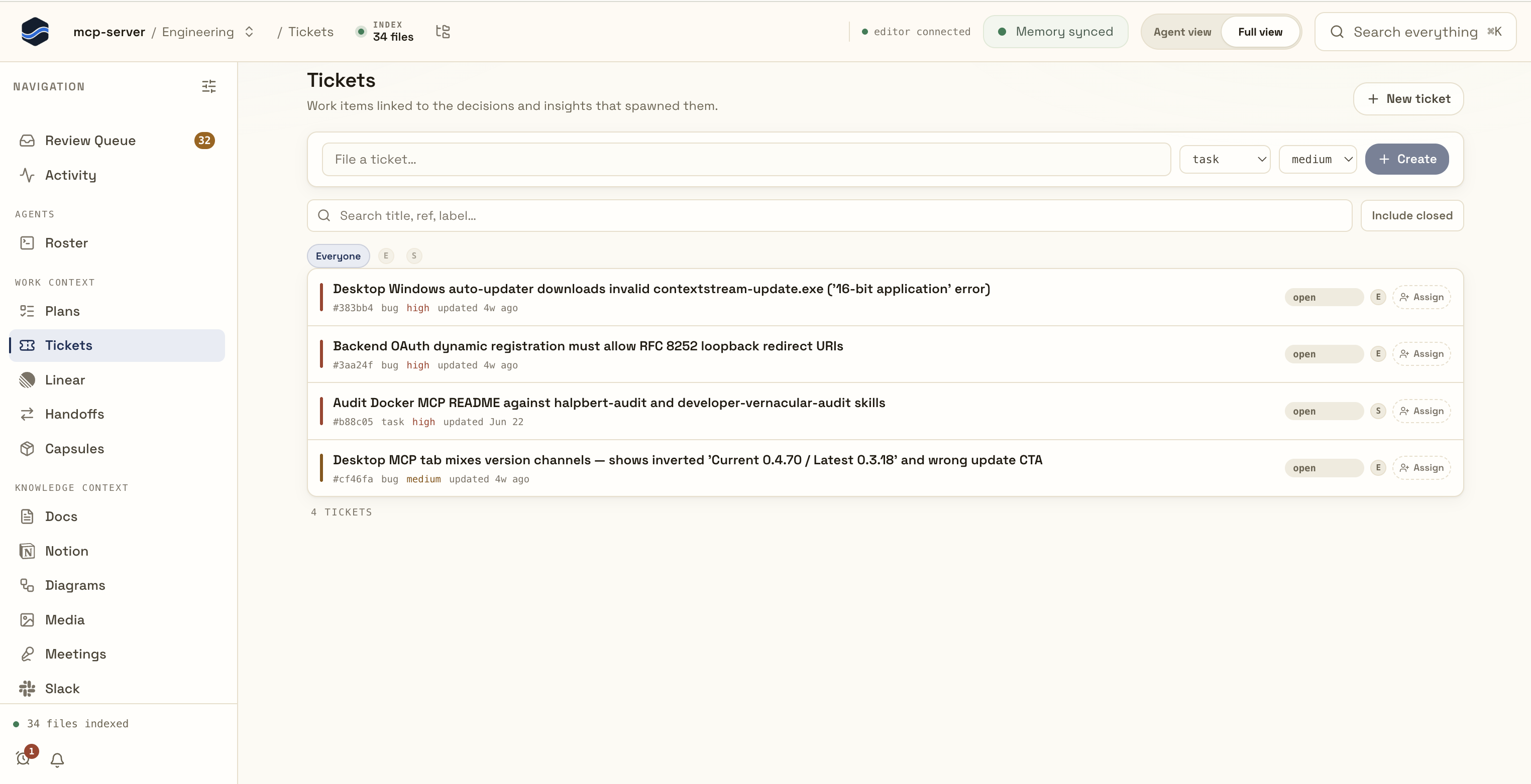 ContextStream tickets dashboard with linked engineering work